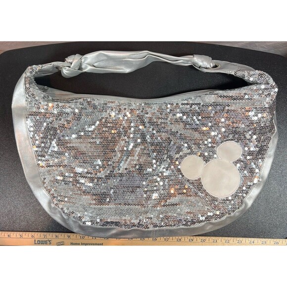 Mickey Mouse Silver Sequin Handbag Purse Bag Pink Lining - Picture 1 of 3